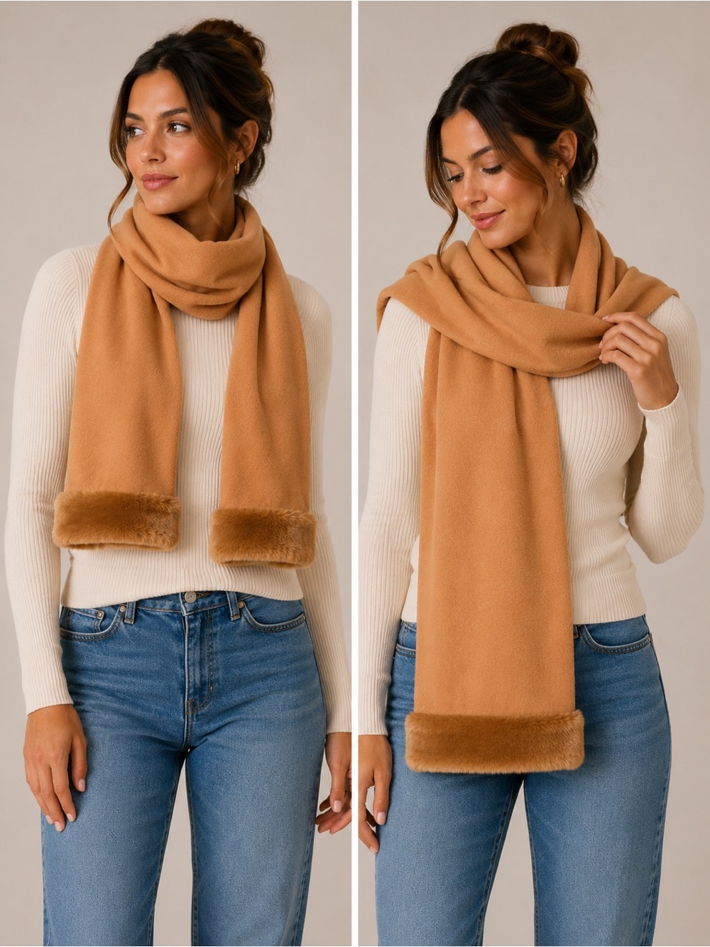 Camel Colored Fleece Scarf Faux Fur At Ends 🏆